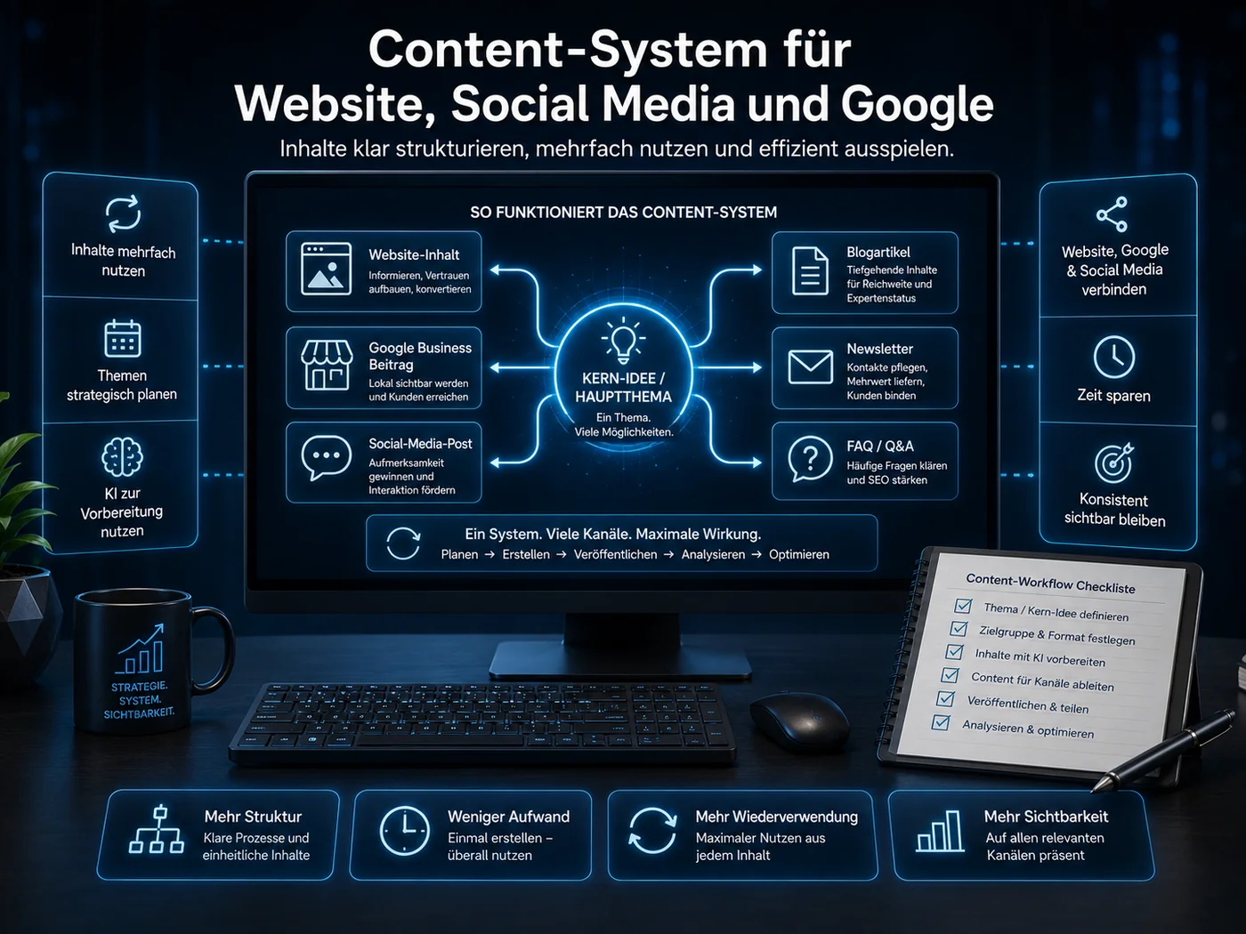 Content-System für Website, Social Media, Google Business Beiträge, Newsletter und KI-gestützte Content-Erstellung