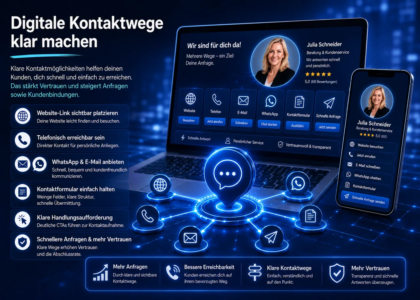 Digitale Kontaktwege klar machen mit Website, Telefon, WhatsApp, E-Mail und Kontaktformular für mehr lokale Anfragen