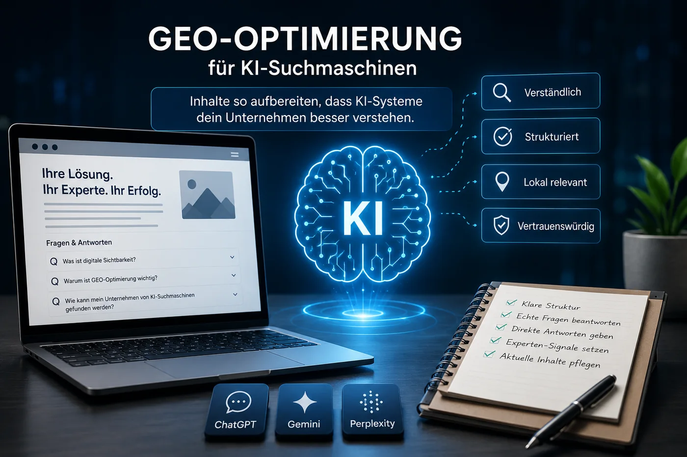 GEO-Optimierung für KI-Suchmaschinen wie ChatGPT, Gemini und Perplexity mit strukturierten Inhalten und klaren Antworten