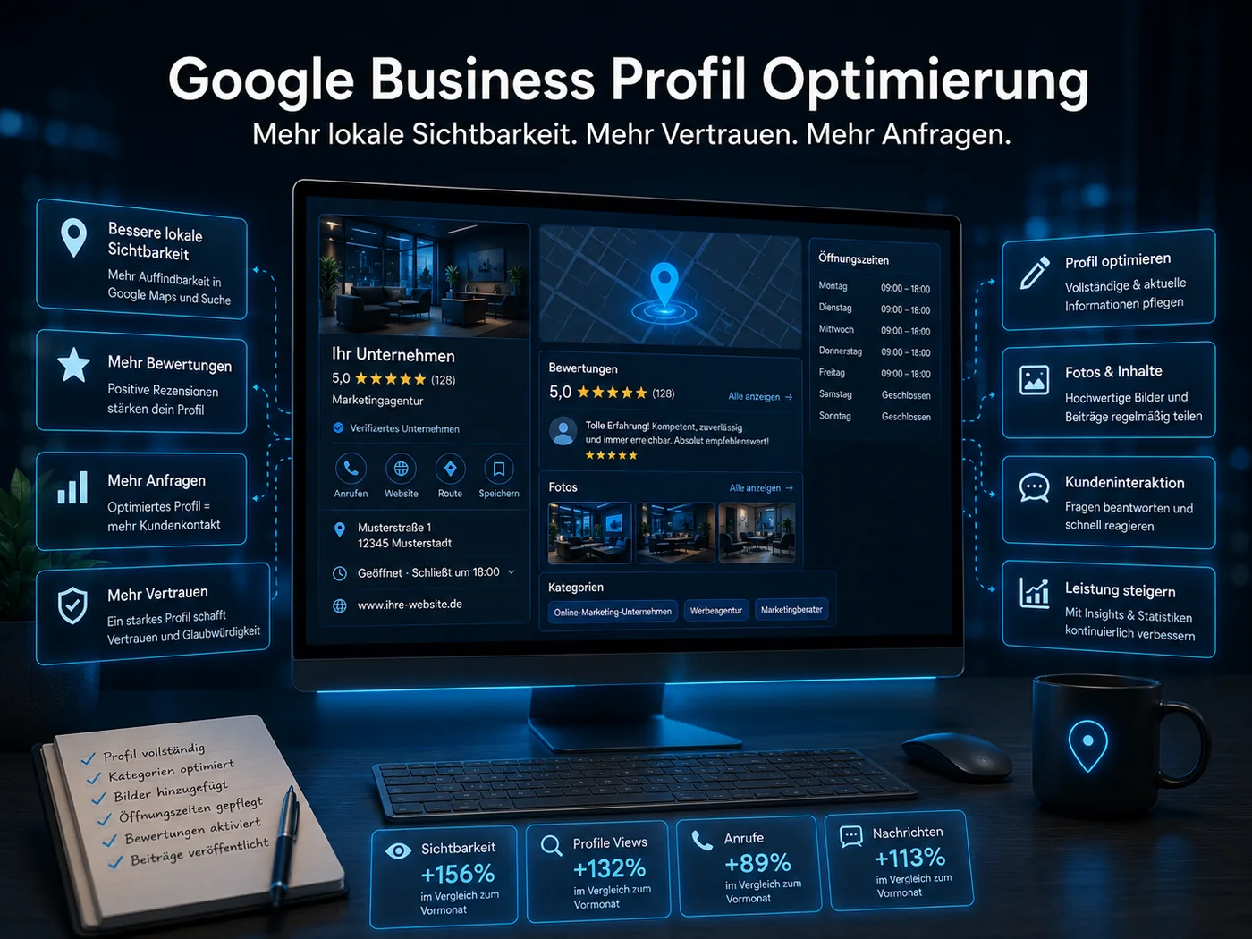 Google Business Profil Optimierung für mehr lokale Sichtbarkeit, Bewertungen, Vertrauen und Anfragen über Google Maps