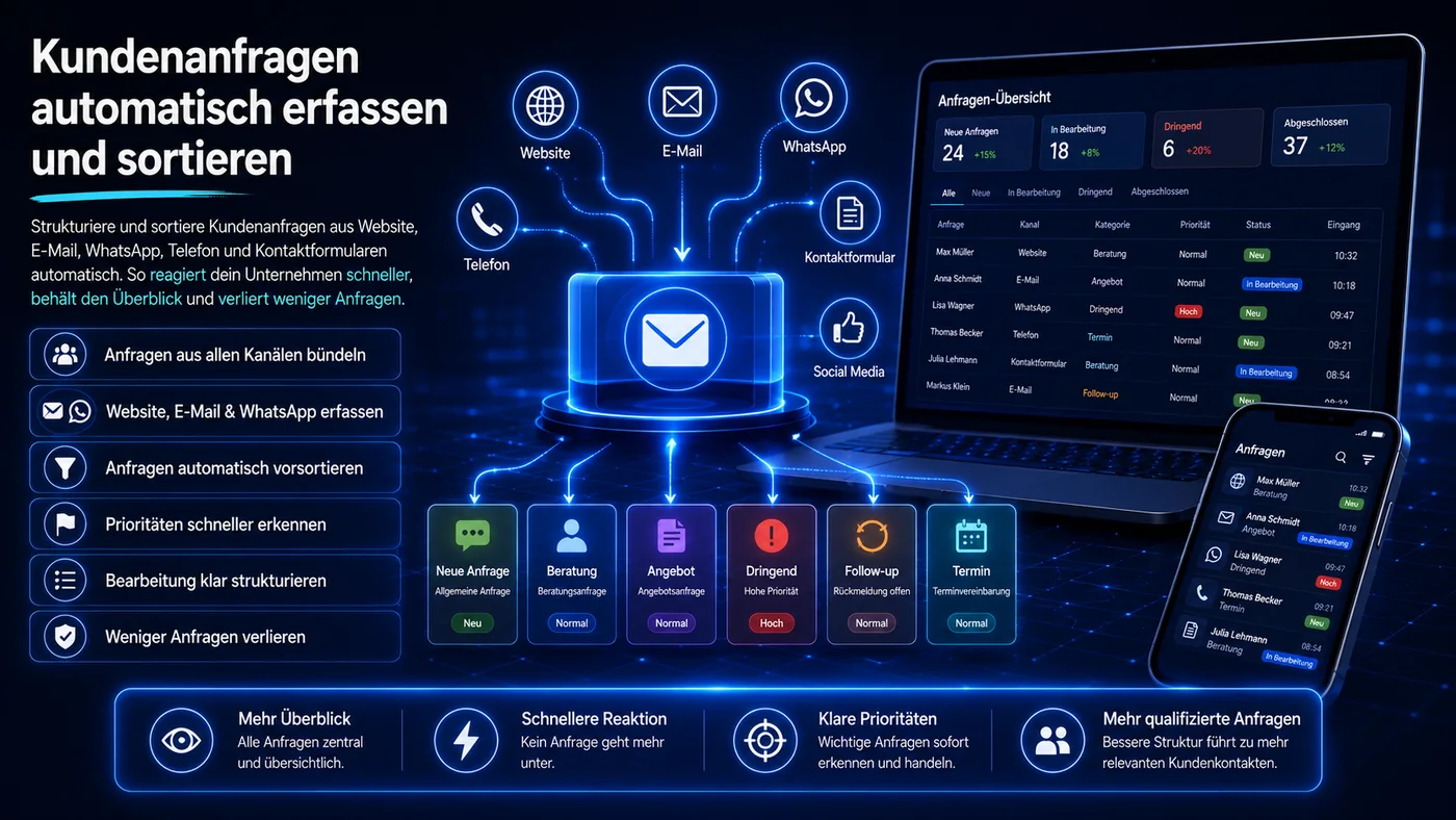 KI-Automatisierung für Unternehmen zur automatischen Erfassung und Sortierung von Kundenanfragen über Website, E-Mail und WhatsApp