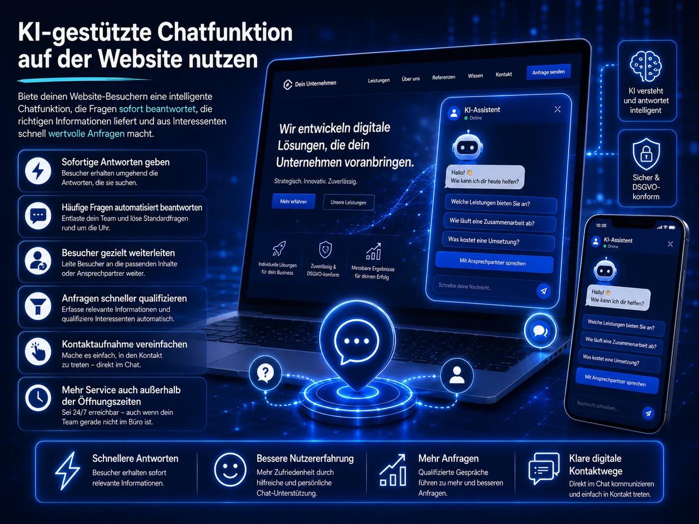 KI-gestützte Chatfunktion auf der Website nutzen für schnelle Antworten, bessere Nutzerführung und mehr qualifizierte Anfragen