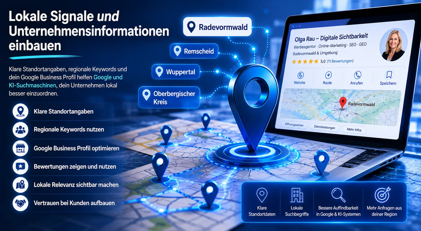 Lokale Signale und Unternehmensinformationen für GEO-Optimierung, Google Business Profil und regionale KI-Sichtbarkeit