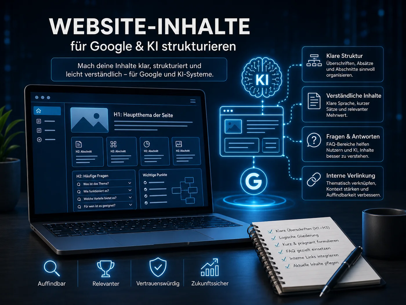 Strukturierte Website-Inhalte für Google und KI-Suchmaschinen mit klarer Seitenstruktur, FAQ-Bereich und interner Verlinkung