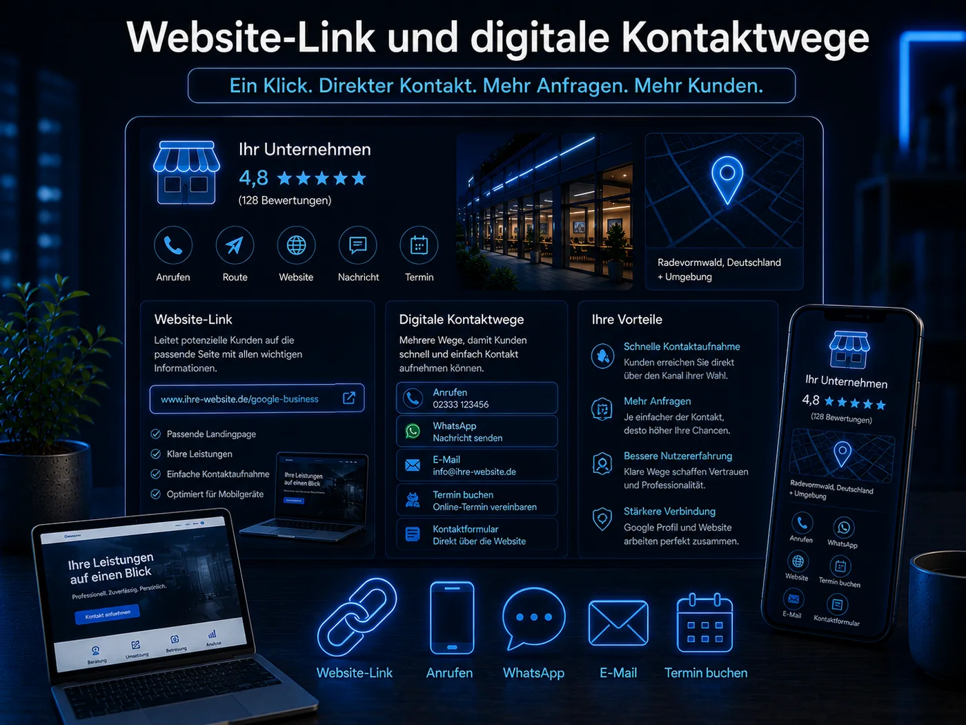 Website-Link und digitale Kontaktwege im Google Business Profil optimieren für mehr Anfragen über Telefon, WhatsApp, E-Mail und Website