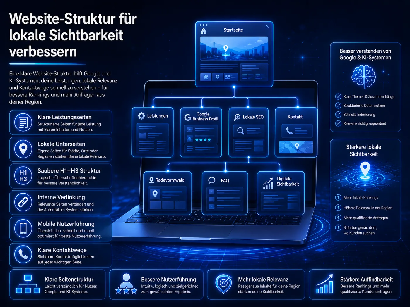 Website-Struktur für lokale Sichtbarkeit verbessern mit klaren Leistungsseiten, interner Verlinkung und lokaler SEO