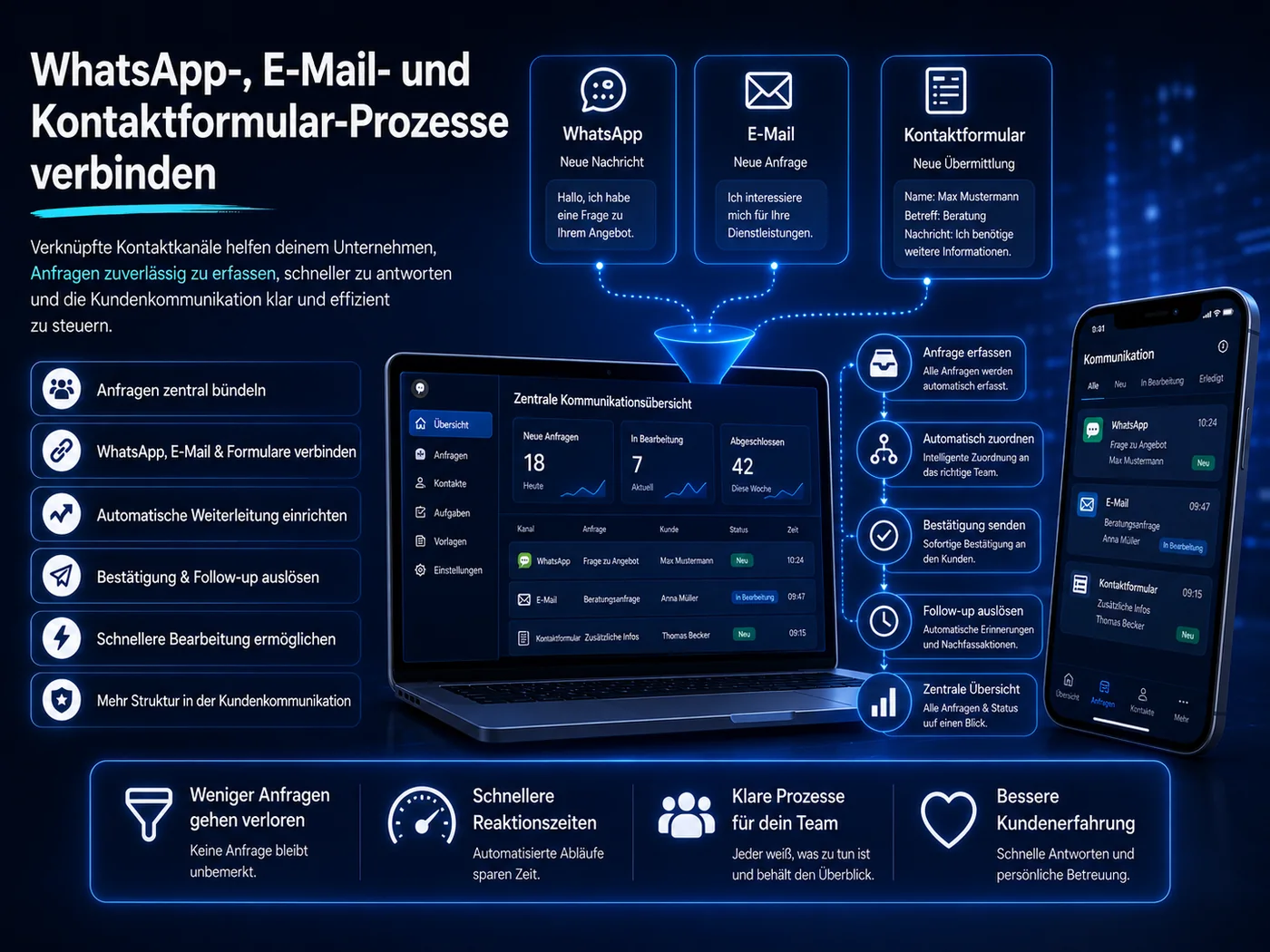 WhatsApp, E-Mail und Kontaktformular mit KI-Automatisierung verbinden für klare Anfrageprozesse und bessere Kundenkommunikation